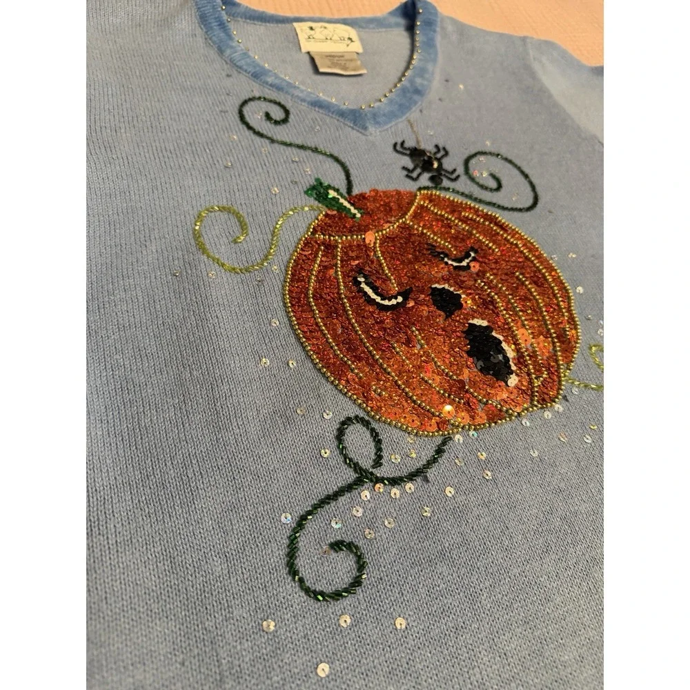 Vintage 90s Quacker Factory Halloween Sweater Size M Pumpkin Spider Sequins Stud